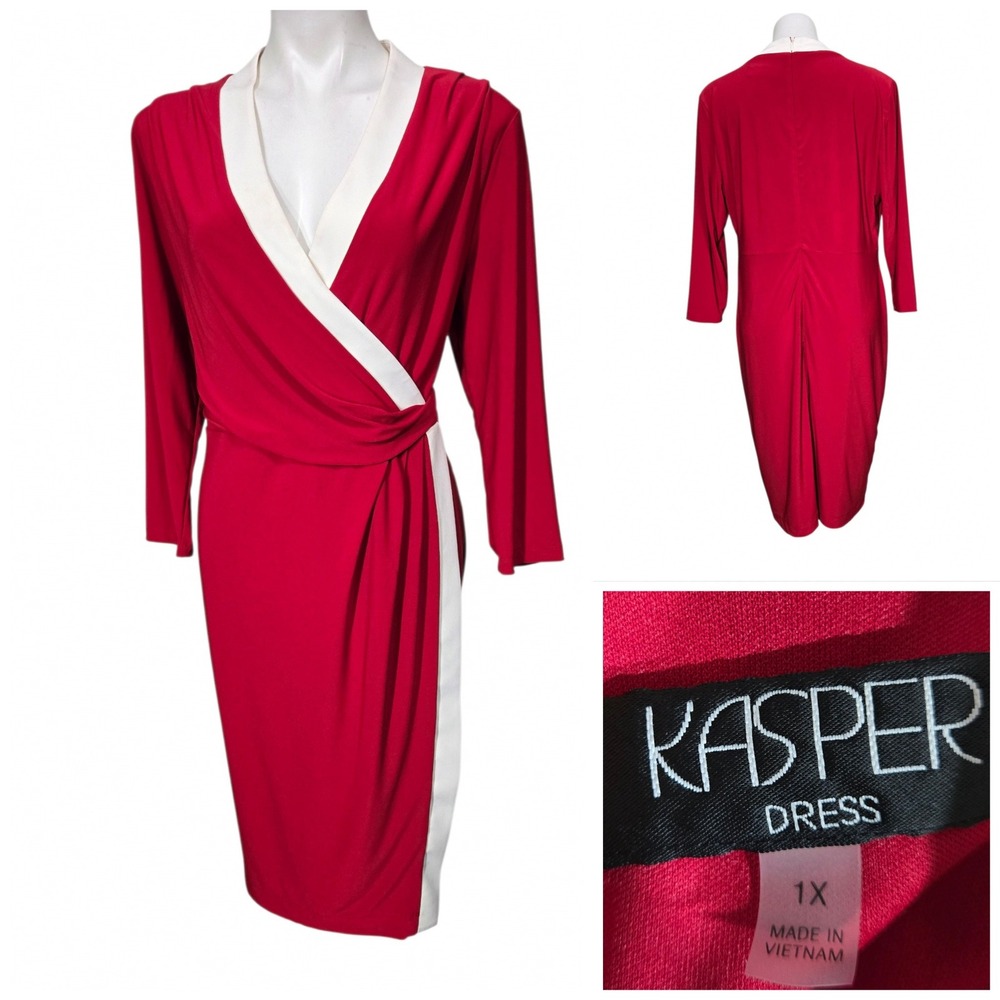 Kasper Red Ivory Trim Faux Wrap Sheath Dress Long Sleeve Plus Size 1X
